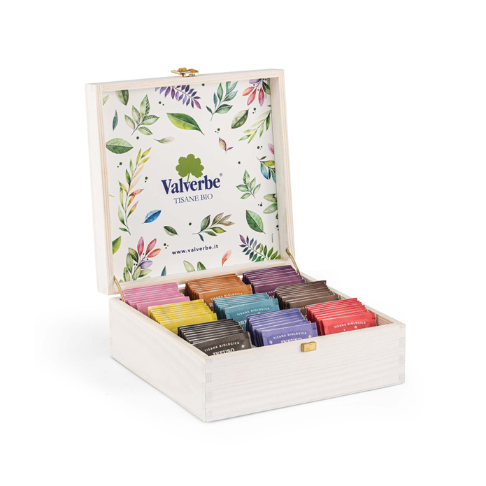 Cofanetto tisane PIENO in pregiato legno bianco VALVERBE con 90 filtri – 135 g