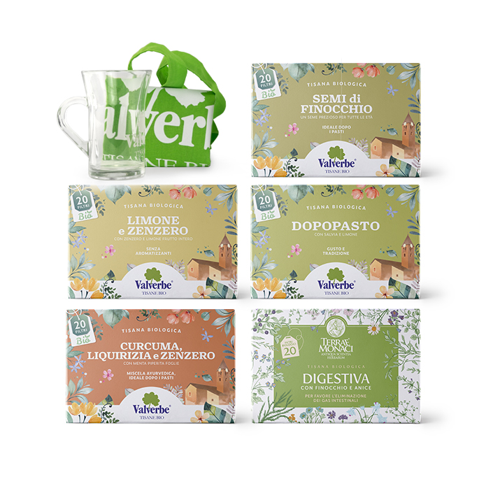 Kit DIGESTIVE - 5 Tisane Digestive + Tazza Vetro e Borsa Cotone