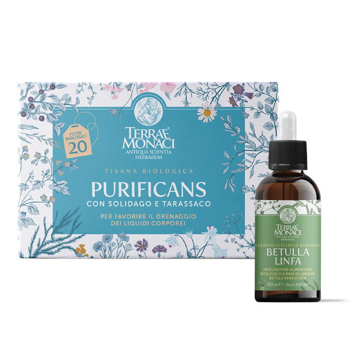 KIT DRENANTE - tisana PURIFICANS 30g-20Filtri + MACERATO BETULLA LINFA IDROGLICEROALCOLICO BIOLOGICO -50ml-Alcool 30% Vol